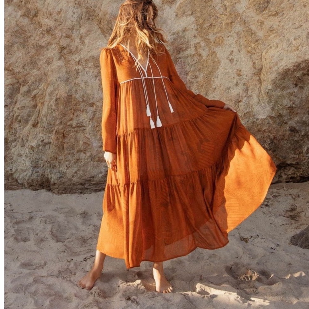 Christy Dawn Paloma Dress Women's Large Long Sleeve Midi Tiered Tassel Empire